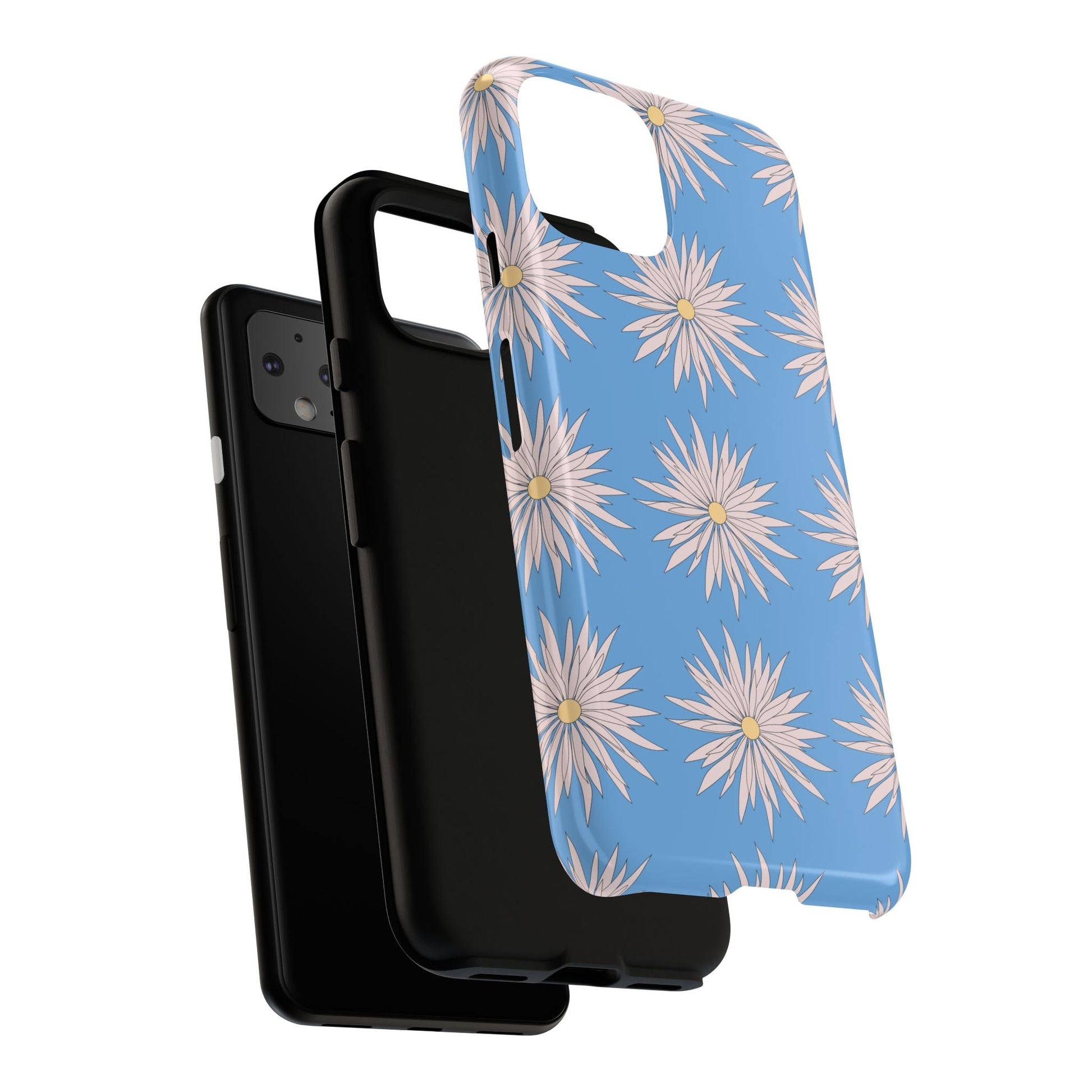 Daisy pattern phone case with blue background and white floral design, durable and shock-resistant protective cover.