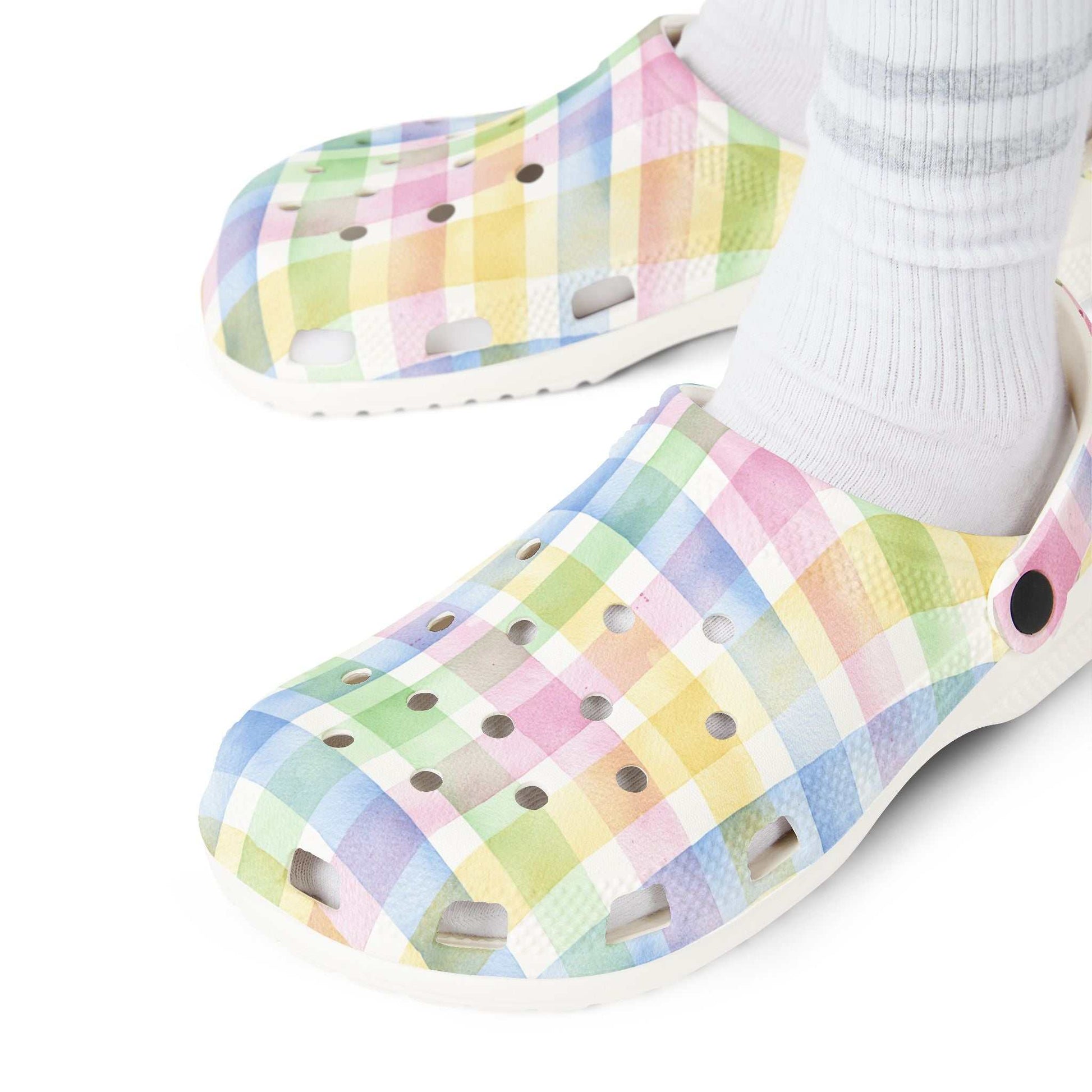 Colorful Plaid AOP EVA foam clogs with lightweight, flexible sole and ventilation holes worn with white socks