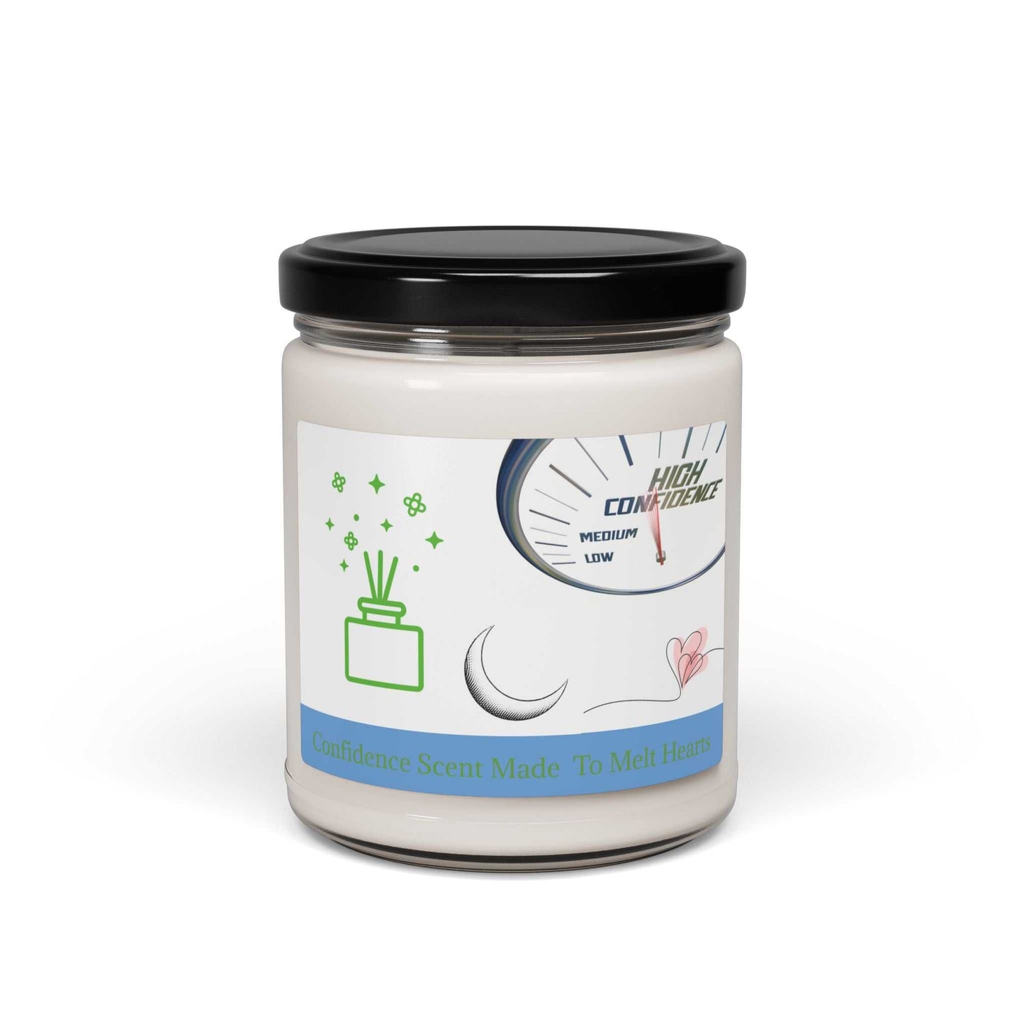Scented soy candle in glass jar with confidence aroma for relaxation and self-care