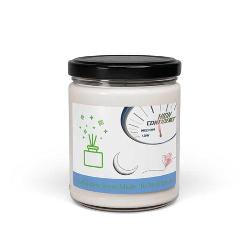 Scented soy candle in glass jar with confidence aroma for relaxation and self-care