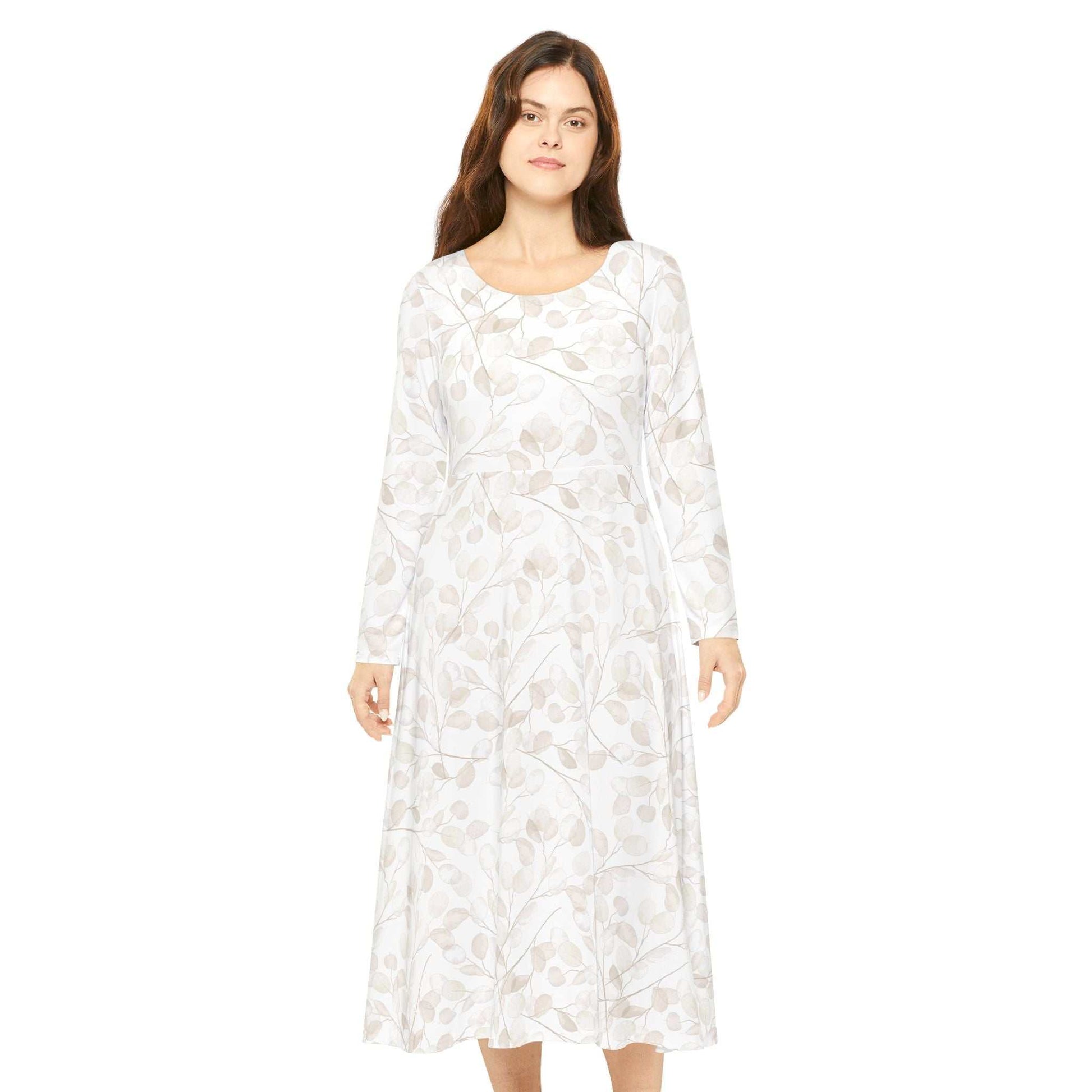 Women's long sleeve dance dress with floral pattern, scoop neckline, and regular fit made from breathable polyester milk silk fabric