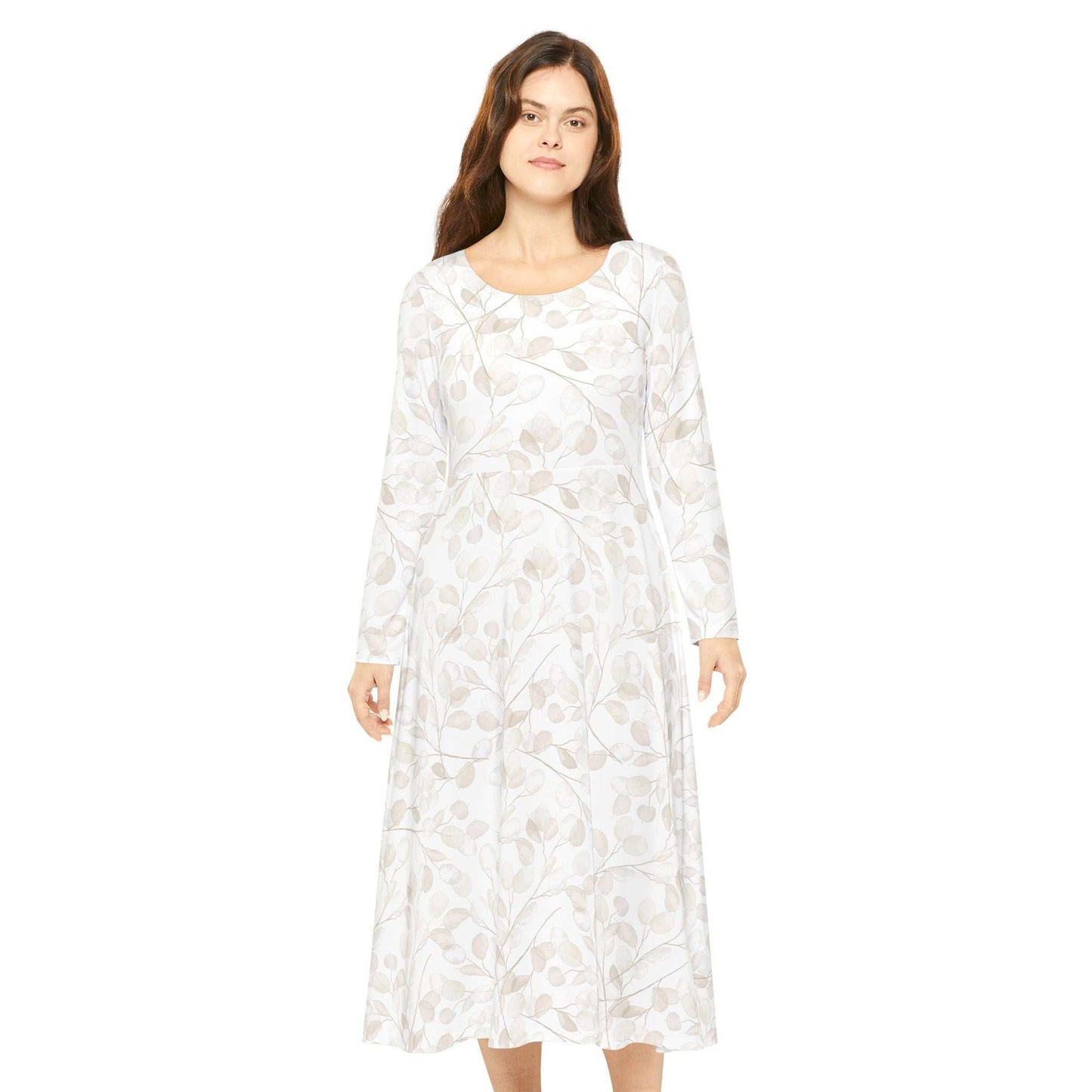 Women's long sleeve dance dress with floral pattern, scoop neckline, and regular fit made from breathable polyester milk silk fabric