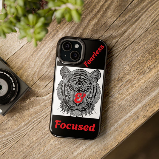 Black tiger phone case with fearless and focused text, impact-resistant dual-layer protection for smartphones