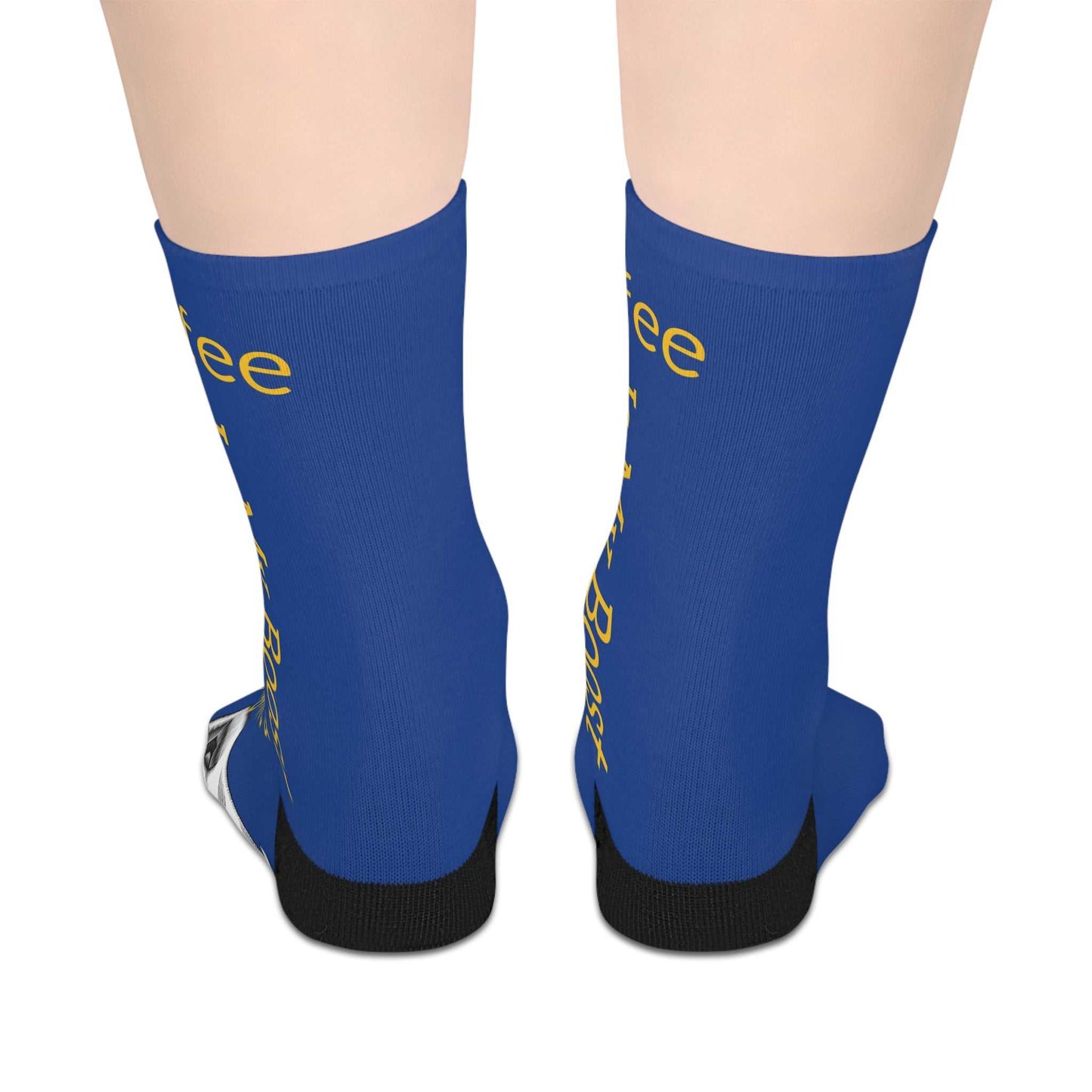 Blue Language Love mid-length socks with yellow text and black heels and toes, cozy polyester blend for coffee lovers