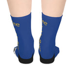 Blue Language Love mid-length socks with yellow text and black heels and toes, cozy polyester blend for coffee lovers