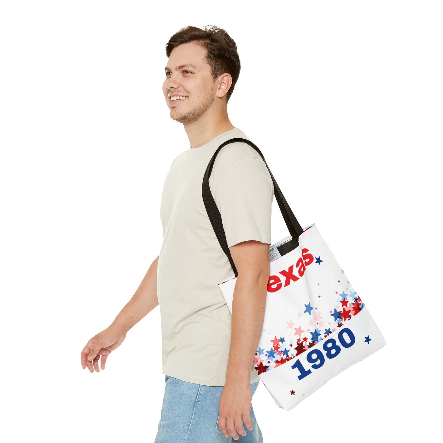 Man carrying a chic tote bag with Texas 1980 design and star pattern on shoulder