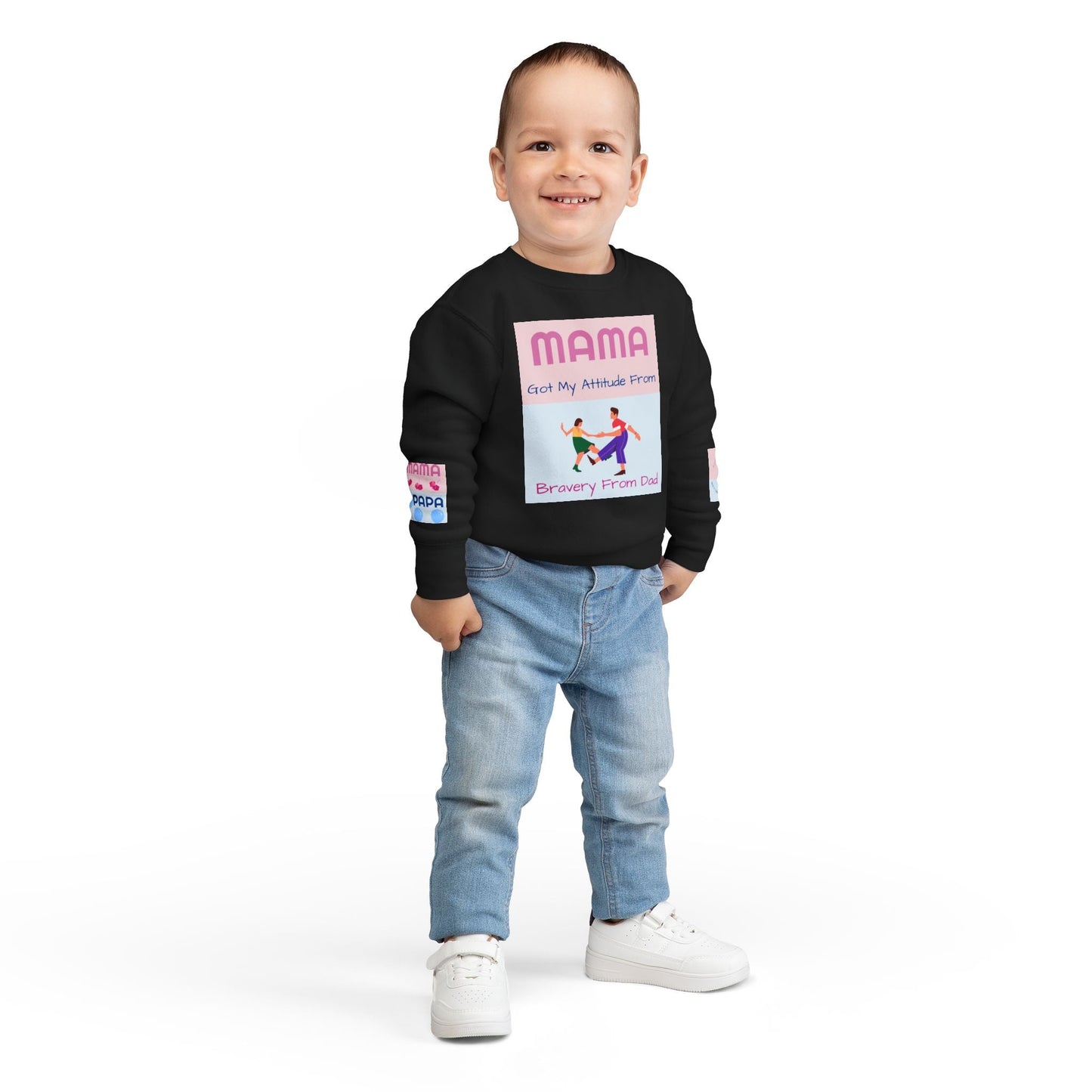 Toddler wearing black Mama's Attitude sweatshirt with playful graphics and jeans