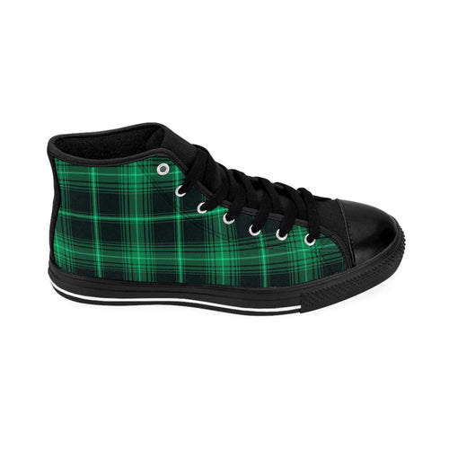 Green plaid sneakers for men with black pleather toe and rubber sole