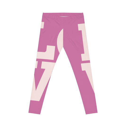 Pink leggings with white geometric designs on a white background