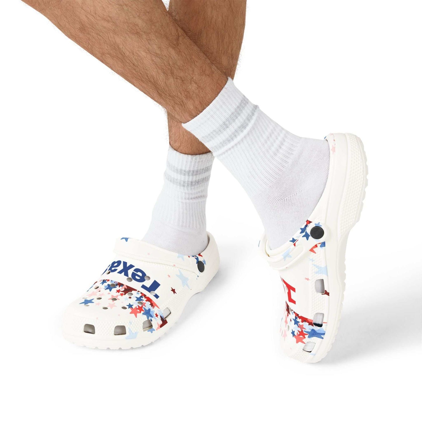 AOP EVA Texas Vibe foam shoes with white star print and red blue accents worn with white socks