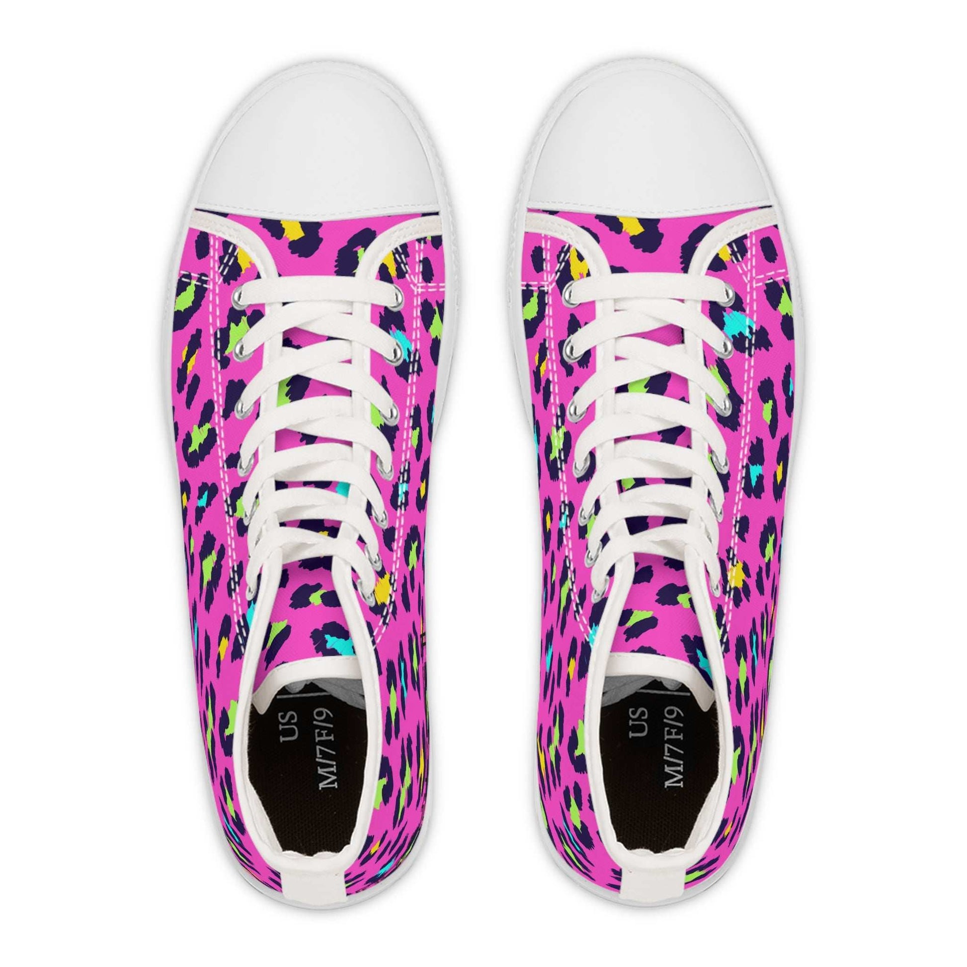 trendy leopard women's high top sneakers with colorful pink leopard print and white laces