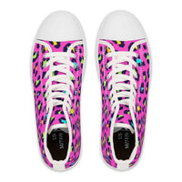 trendy leopard women's high top sneakers with colorful pink leopard print and white laces