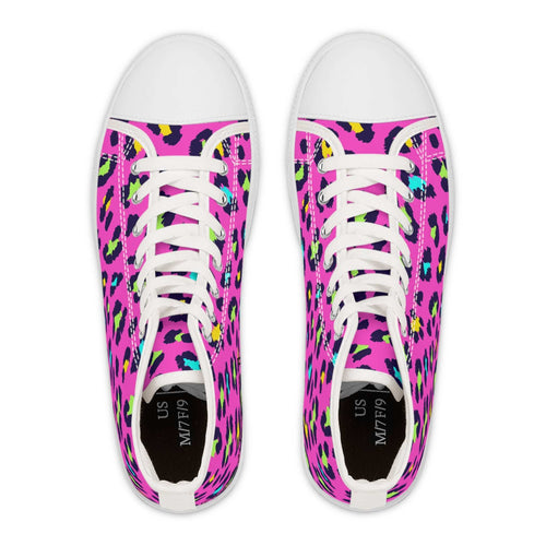 trendy leopard women's high top sneakers with colorful pink leopard print and white laces