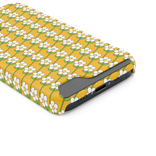 Floral phone case with white flowers on yellow background, slim card holder design for phone protection and style