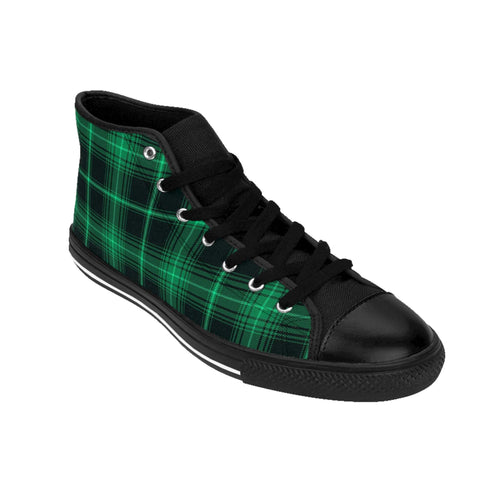 Green plaid sneakers for men with black pleather toe and black laces, high-top design