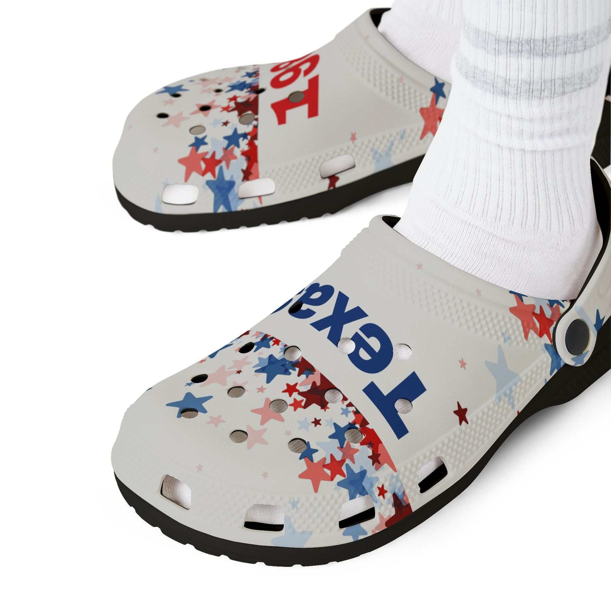 AOP EVA Texas Vibe foam shoes with star print and "Texas" text, lightweight and casual slip-on clogs