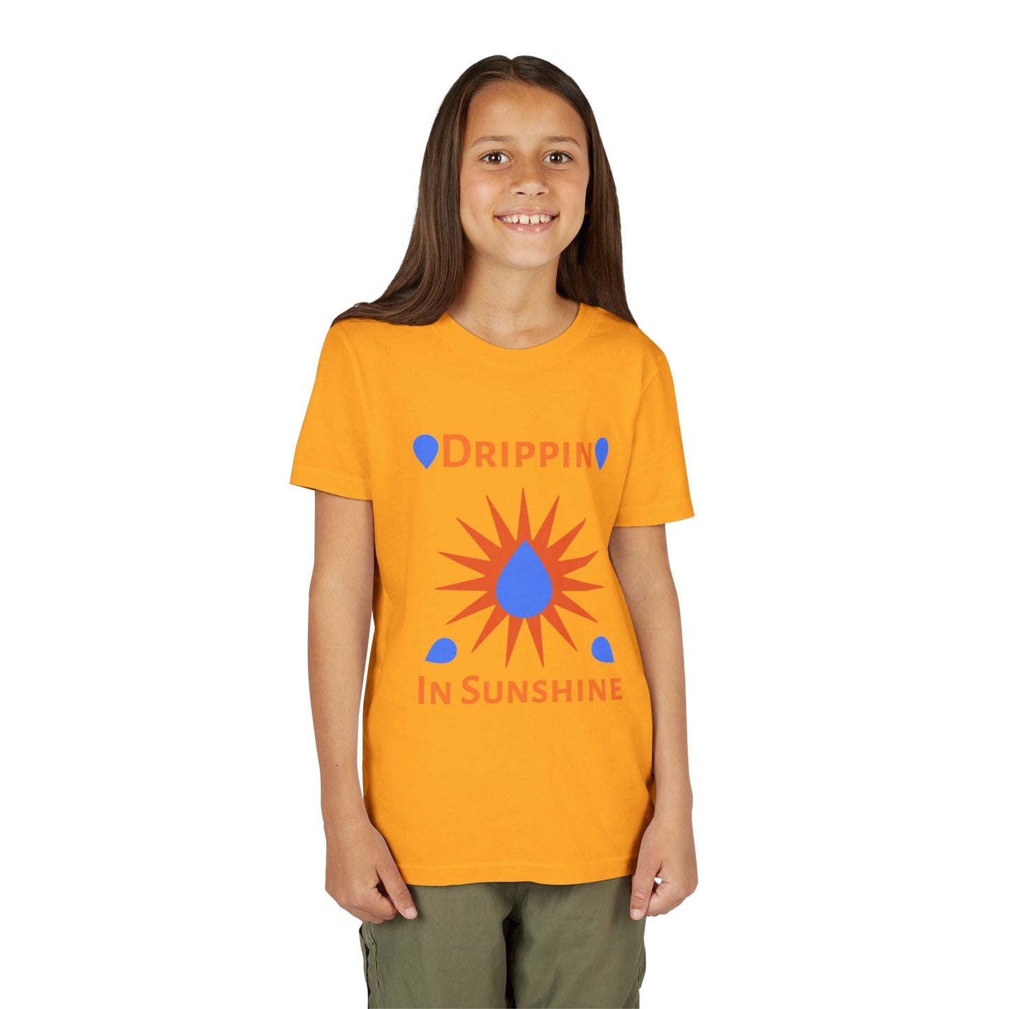 Youth short sleeve tee worn by smiling child with orange graphic design and text "Drippin In Sunshine"