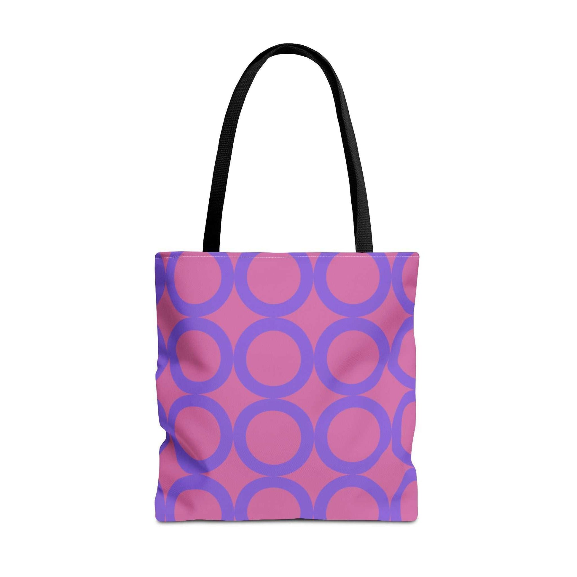 Chic light pink and purple circle tote bag with black handles, eco-friendly and stylish shopping accessory