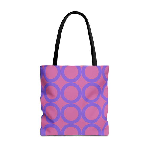 Chic light pink and purple circle tote bag with black handles, eco-friendly and stylish shopping accessory