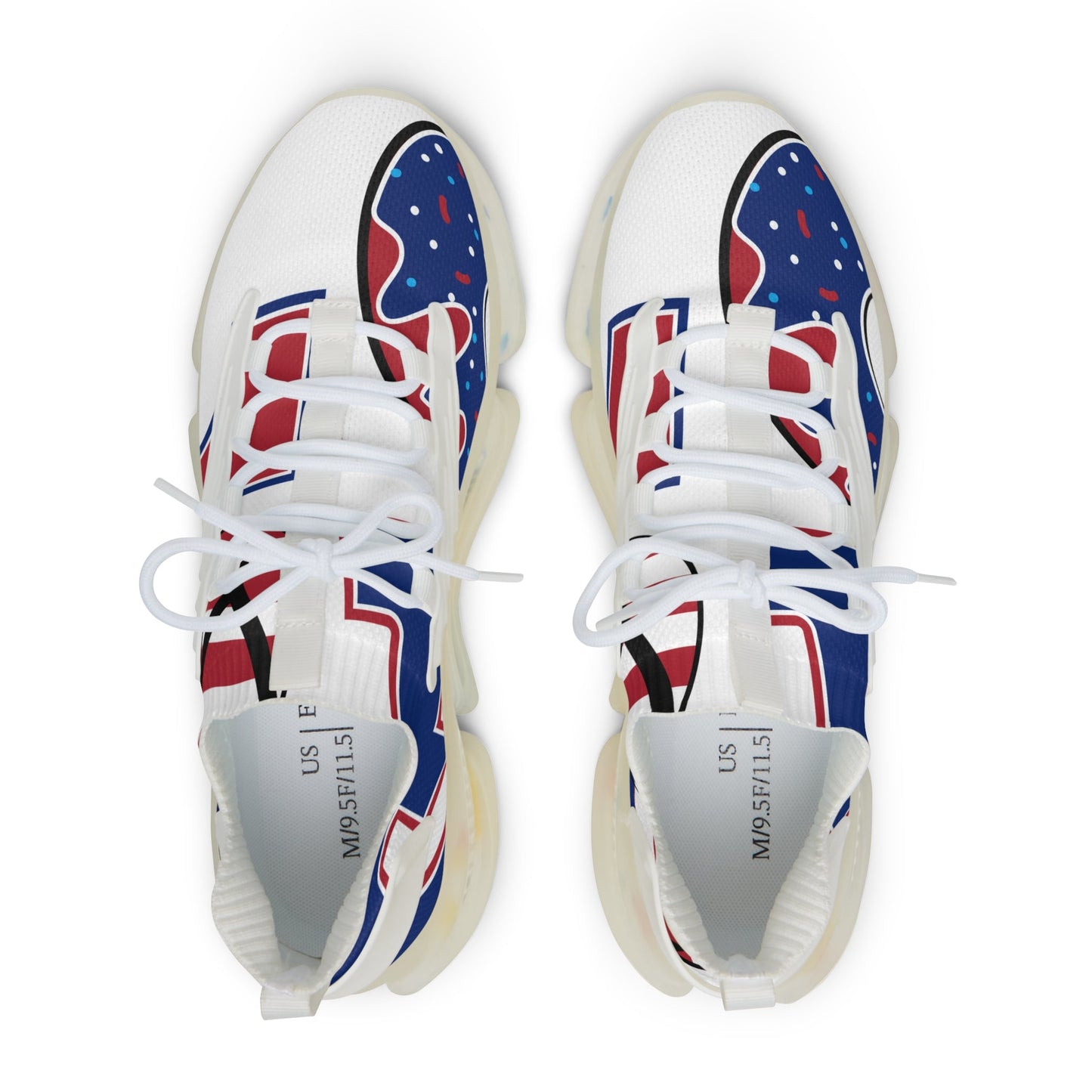 Top view of vibrant men's mesh sneakers with blue, red, and white all-over print and white laces