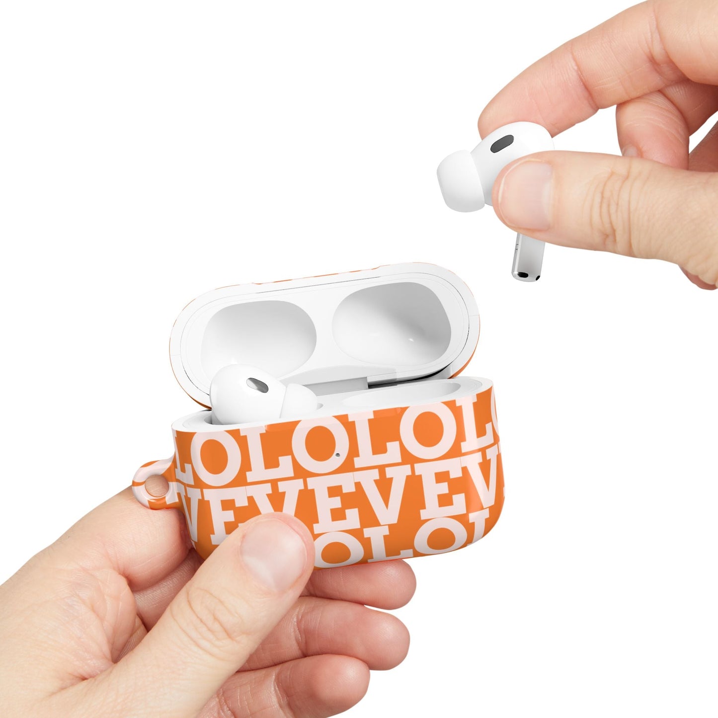 Orange patterned AirPod case made of polycarbonate with a gloss finish and carabiner, showing AirPods being inserted.