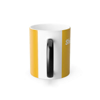 Heat-sensitive color changing mug with black handle and yellow design, 11oz ceramic cup for coffee and tea