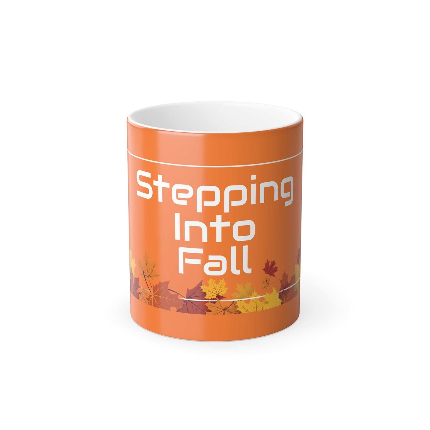 Orange color morphing mug with "Stepping Into Fall" text and autumn leaves design
