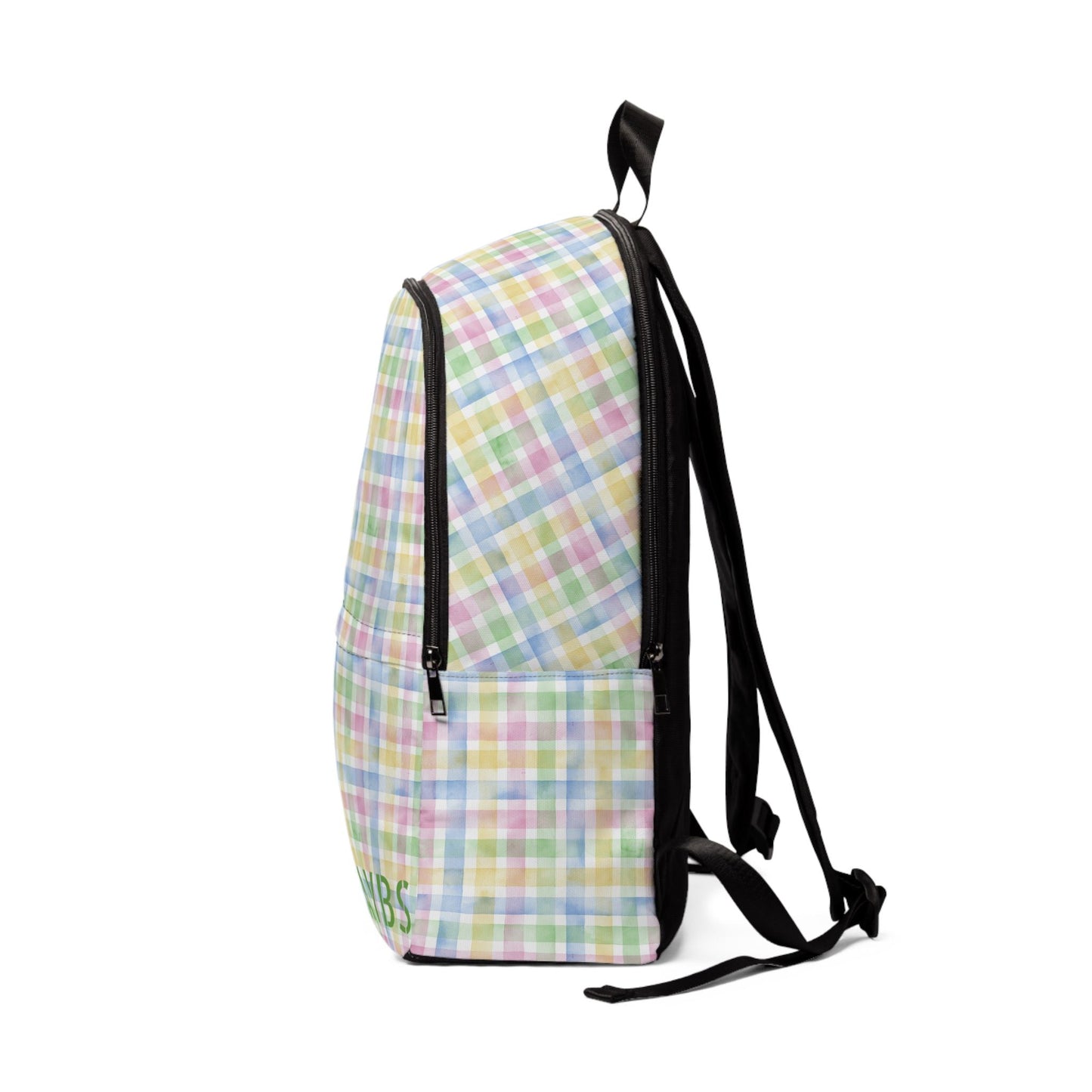 Unisex fabric backpack with pastel plaid pattern, lightweight, waterproof, padded back, and adjustable shoulder straps.
