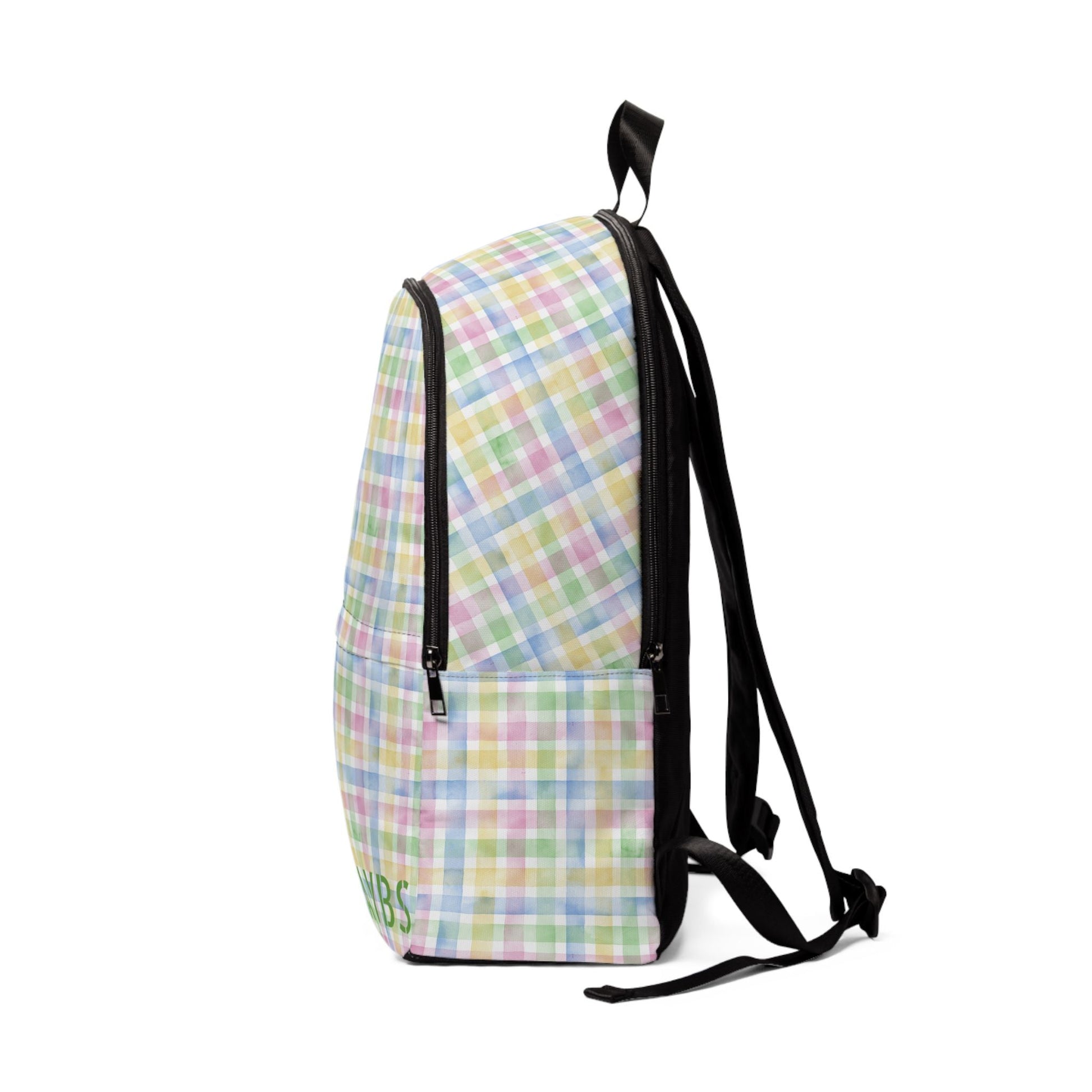 Unisex fabric backpack with pastel plaid pattern, lightweight, waterproof, padded back, and adjustable shoulder straps.