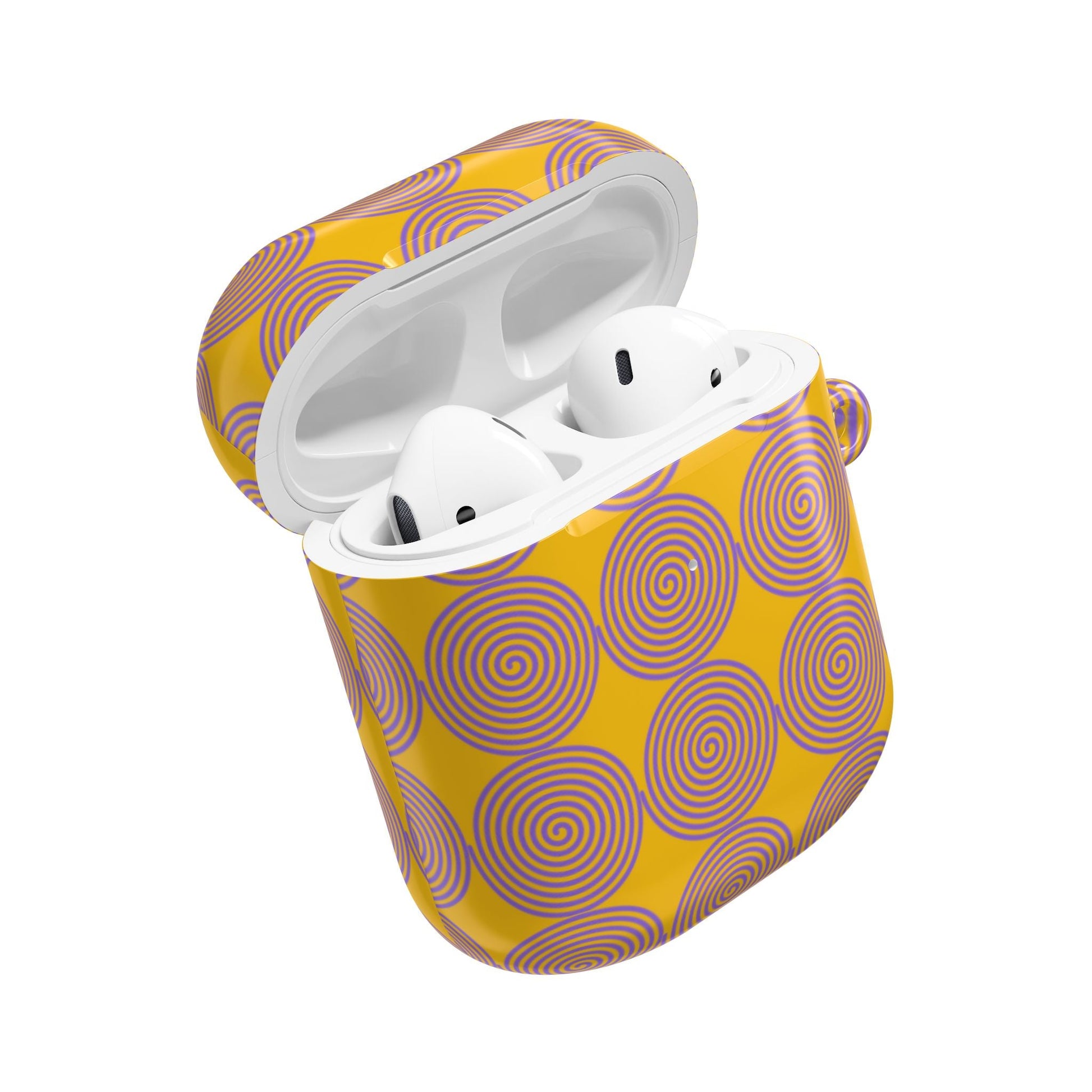 Yellow AirPod case with purple spiral pattern, polycarbonate, slim and lightweight with carabiner.