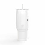 White engraved insulated tumbler 40oz travel mug with straw and handle, eco-friendly drinkware for hot and cold beverages