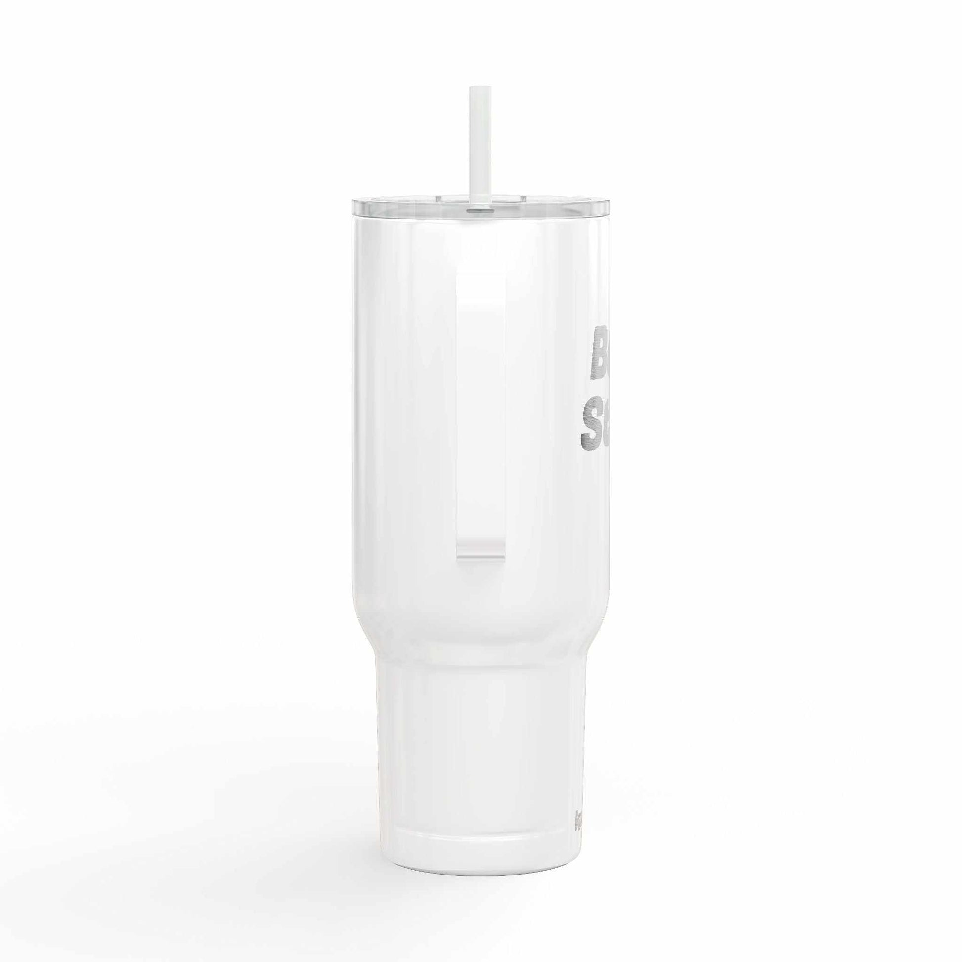 White engraved insulated tumbler 40oz travel mug with straw and handle, eco-friendly drinkware for hot and cold beverages