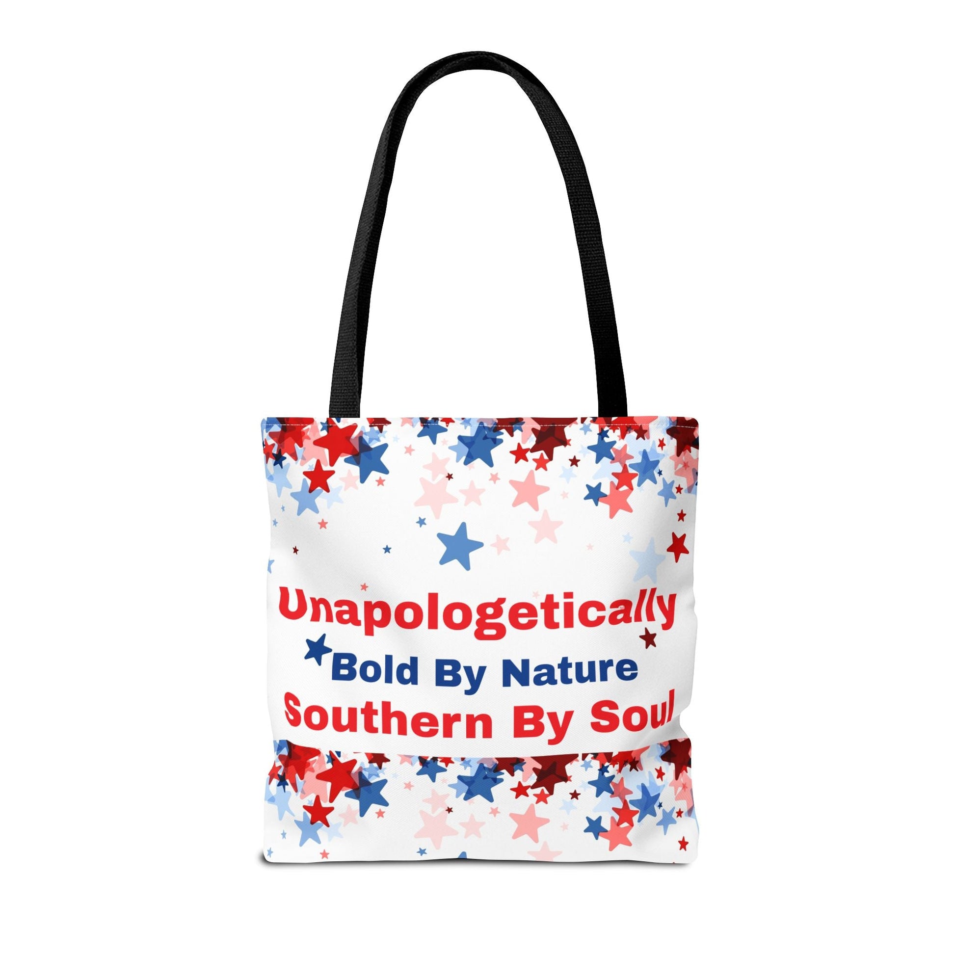 Chic Tote Bag with patriotic red, white, and blue star pattern and bold text design, eco-friendly and durable polyester shopping bag with black handles