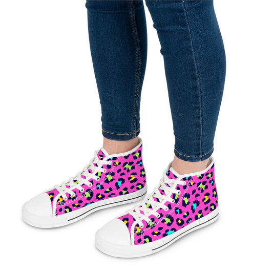Trendy leopard print women's high top sneakers in vibrant pink with white soles and laces