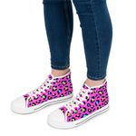 Trendy leopard print women's high top sneakers in vibrant pink with white soles and laces