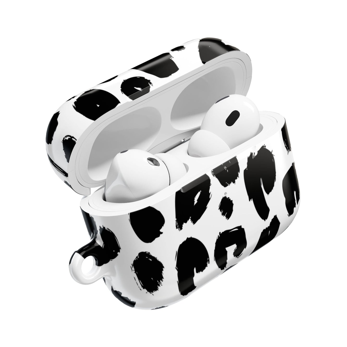 Black and white leopard print polycarbonate AirPod case with carabiner and gloss finish