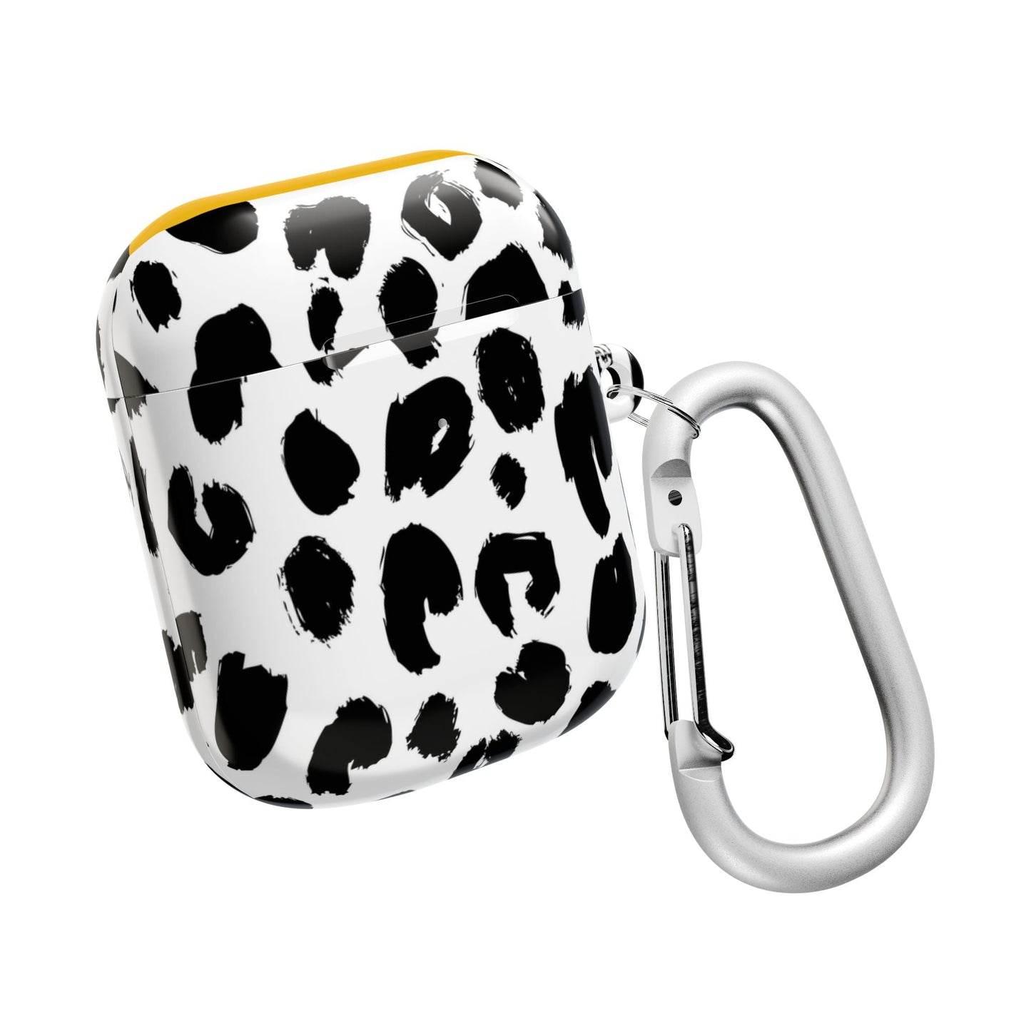 Black and white leopard print AirPod case with carabiner, slim and scratch-resistant design