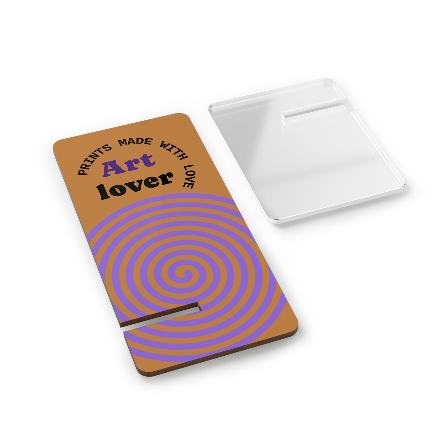 Notebook with brown cover and purple spiral design, featuring text 'Prints made with love Art lover'.