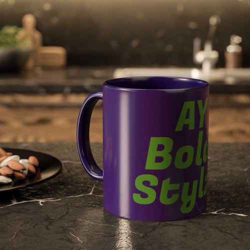 Purple colorful custom mug with green bold text on kitchen countertop