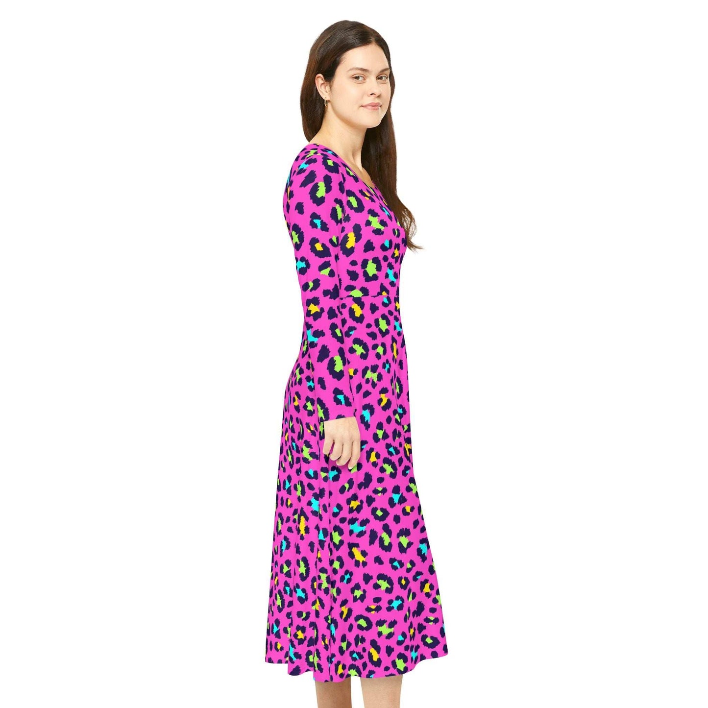 Women’s long sleeve dance dress in bright pink with colorful leopard print, regular fit and scoop neckline.