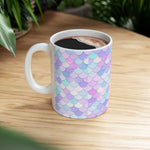 Vibrant Shell Ceramic Mug with colorful shell pattern and glossy finish on wooden table with coffee inside