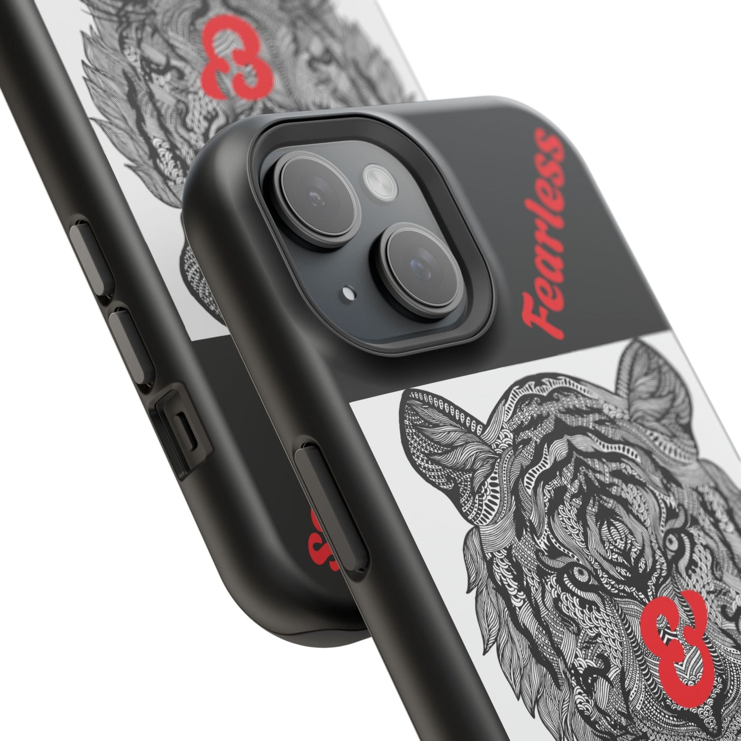 Tiger Phone Case with impact-resistant dual-layer design, vibrant tiger graphic, and wireless charging support.