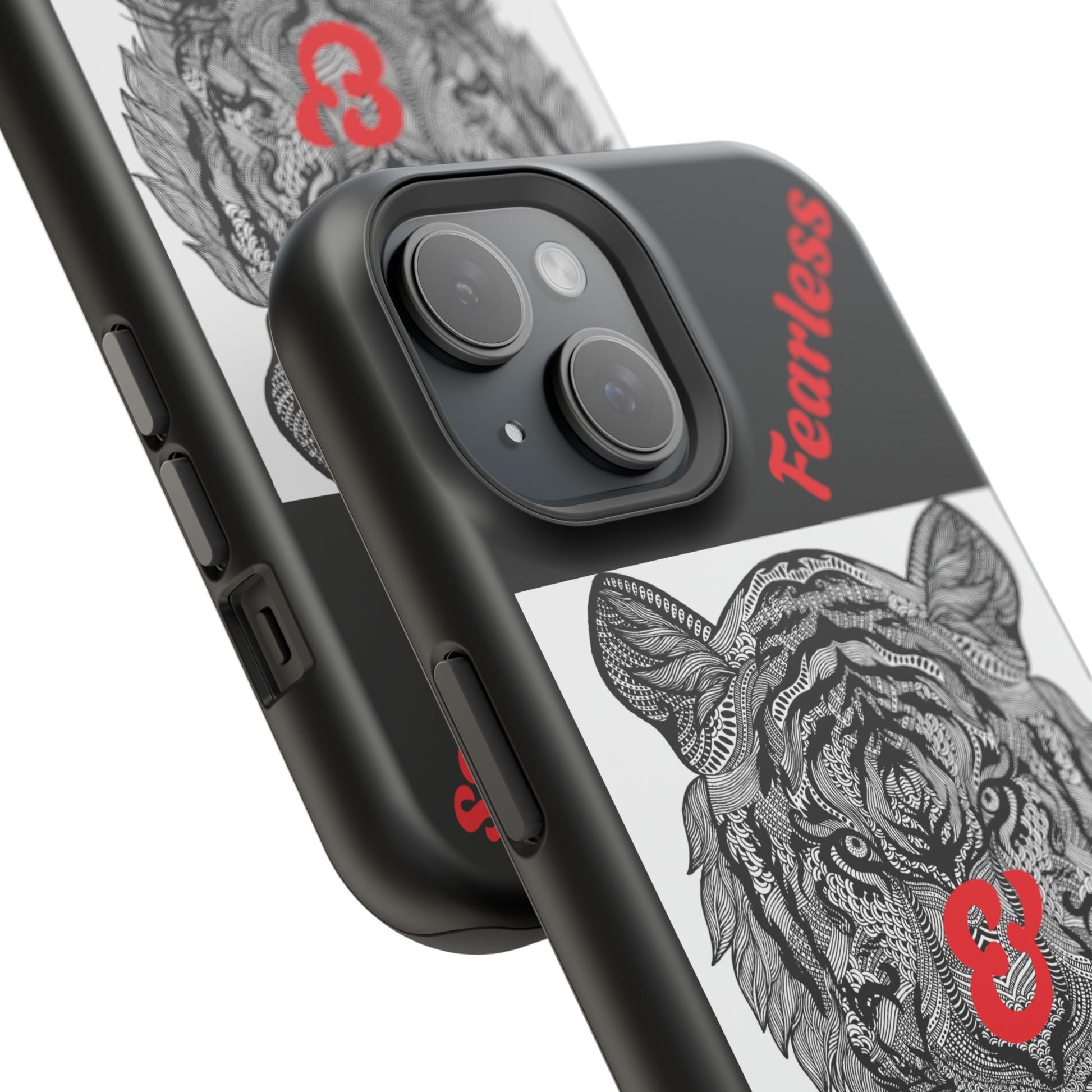 Tiger Phone Case with impact-resistant dual-layer design, vibrant tiger graphic, and wireless charging support.