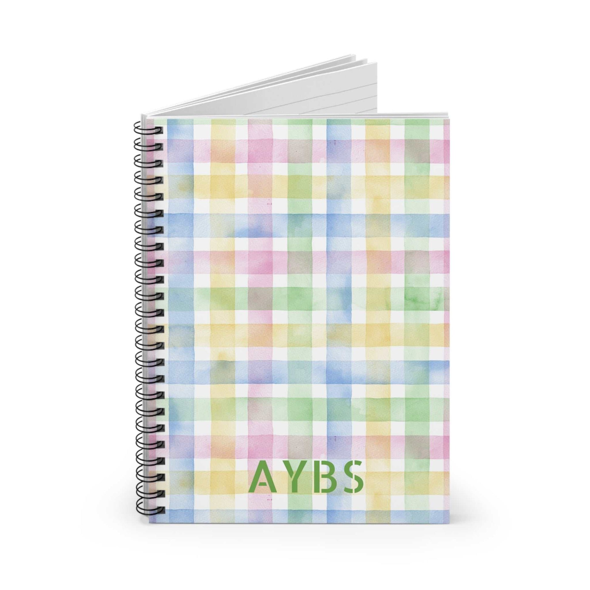 Cute checkered watercolor spiral notebook with ruled pages and metal binding