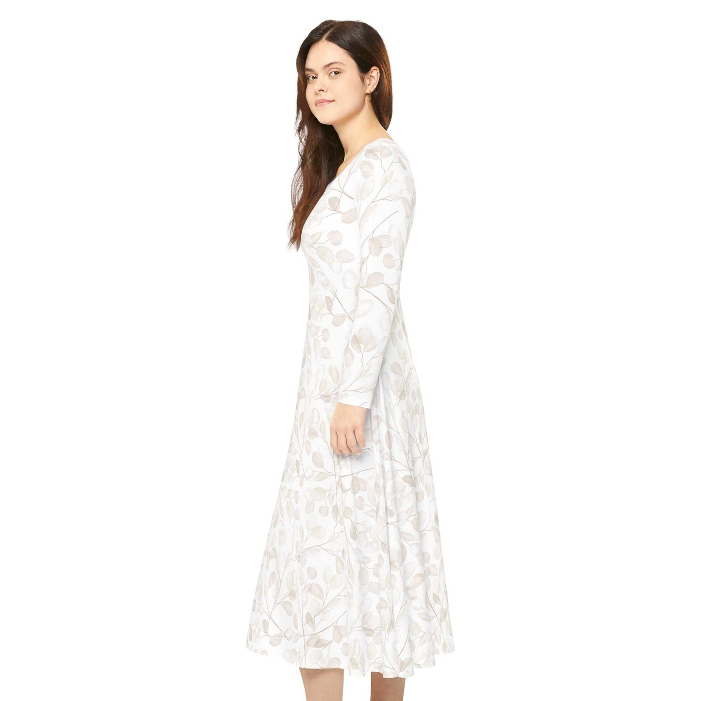 Woman wearing long sleeve dance dress with subtle floral pattern, side view, white background