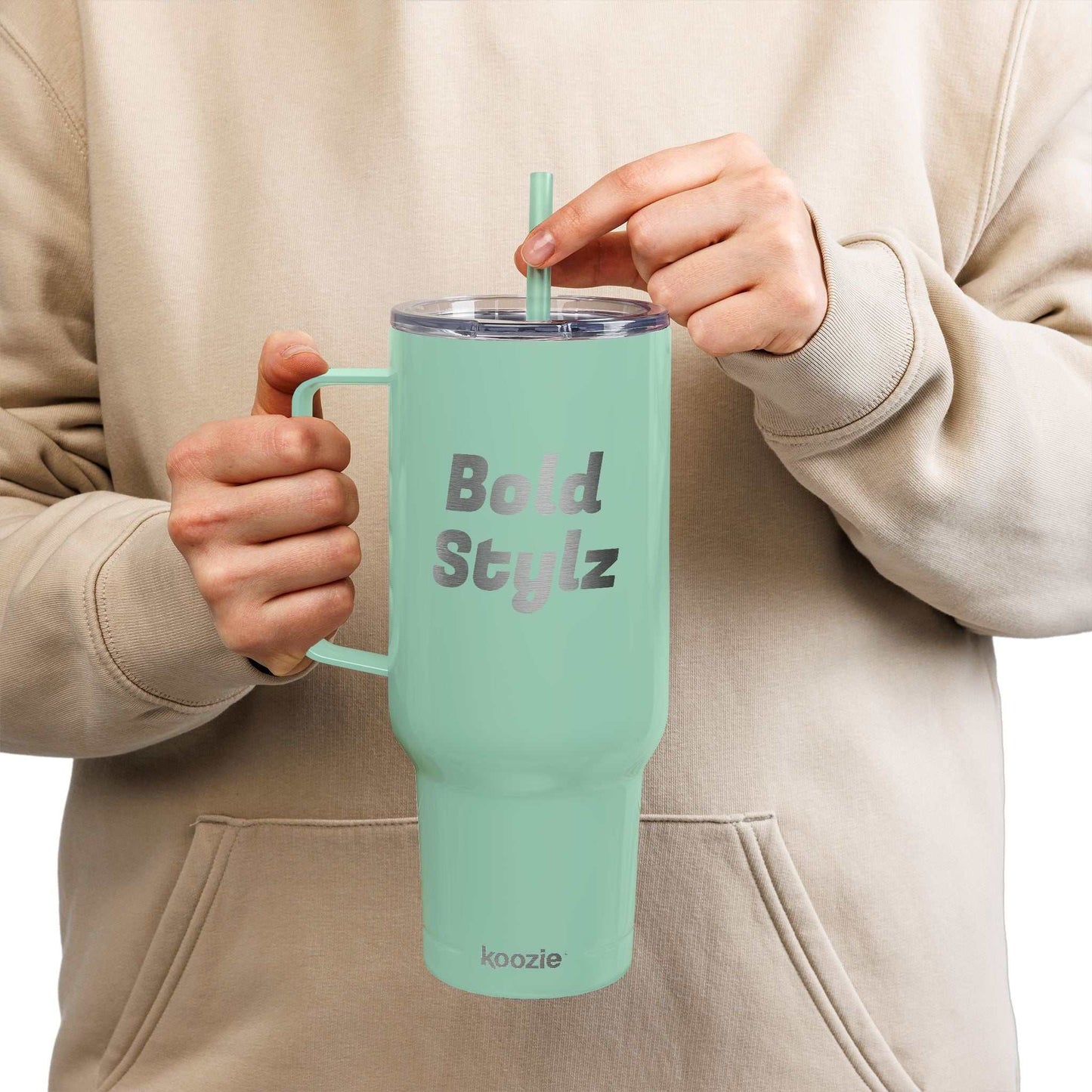 Mint green insulated tumbler 40oz travel mug with handle and straw, eco-friendly reusable drinkware
