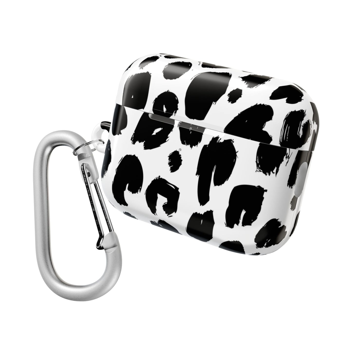 Black and white leopard print AirPod case with carabiner clip, glossy polycarbonate, slim and scratch-resistant design