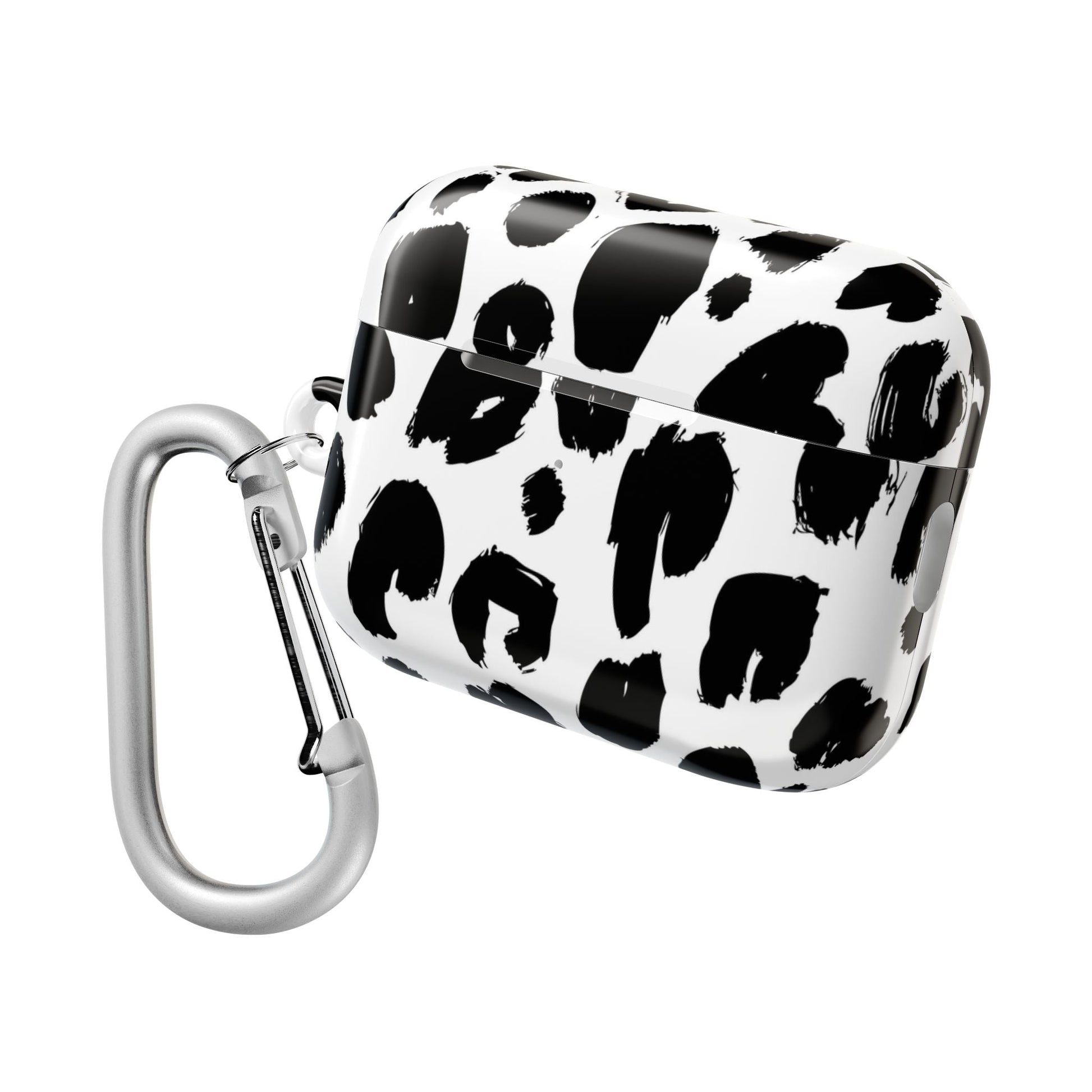 Black and white leopard print AirPod case with carabiner clip, glossy polycarbonate, slim and scratch-resistant design