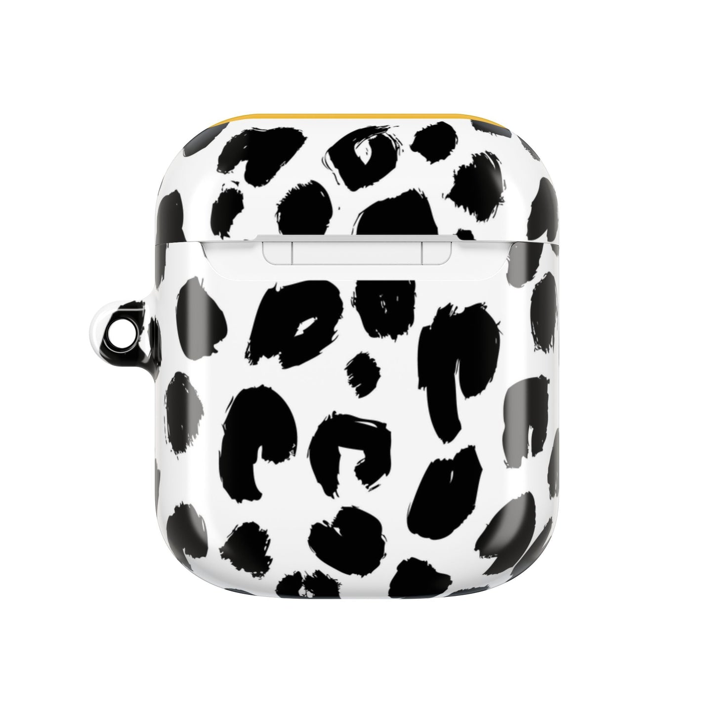 White AirPod case with black leopard print design and carabiner attachment, slim and durable polycarbonate material.