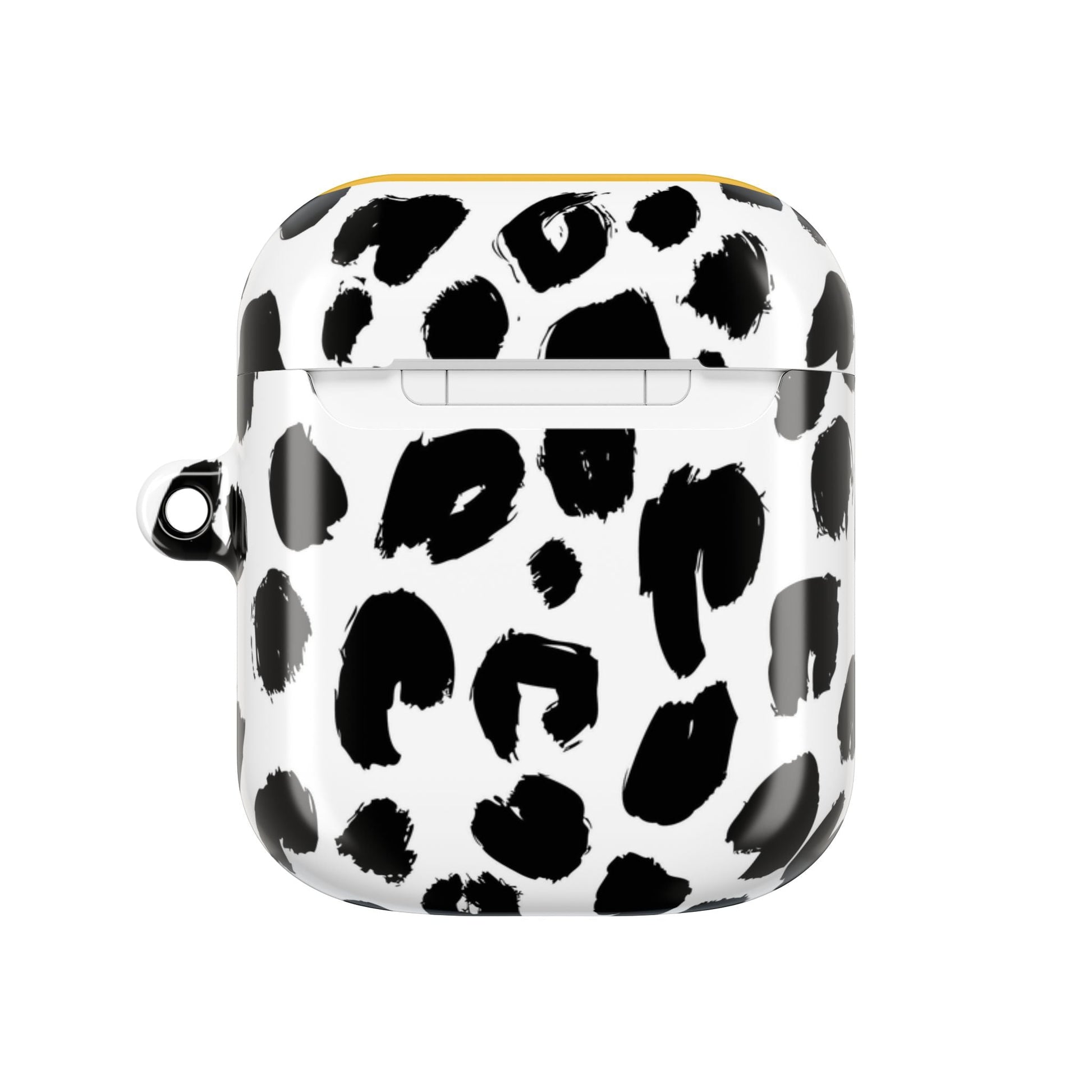 White AirPod case with black leopard print design and carabiner attachment, slim and durable polycarbonate material.